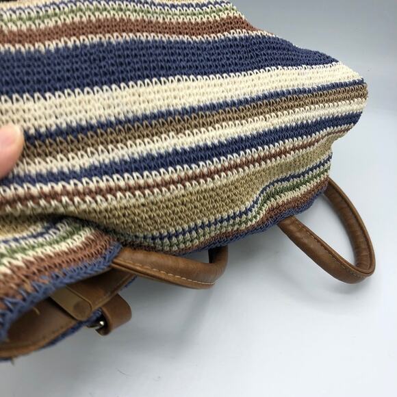 Blue & Tan Woven Shoulder Handbag Faux Leather Straps Beachy Hobo Boho Bag - Picture 4 of 8